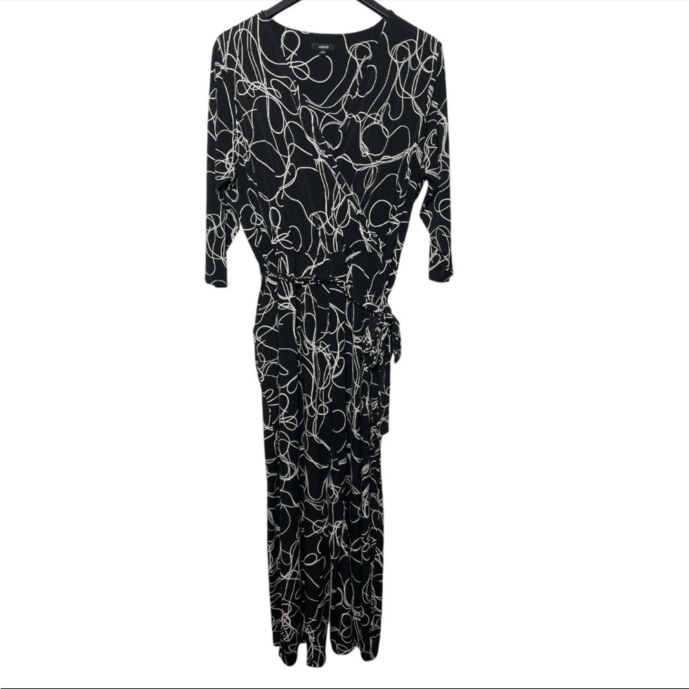Alfani Womens Printed all over black and white 3/4 sleeve belted Jumpsuit 2X